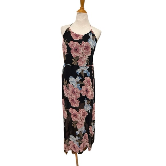 Fab’rik Floral Maxi Dress Sleeveless Tie waist Slits Black Pink Blue Size S - Picture 1 of 14